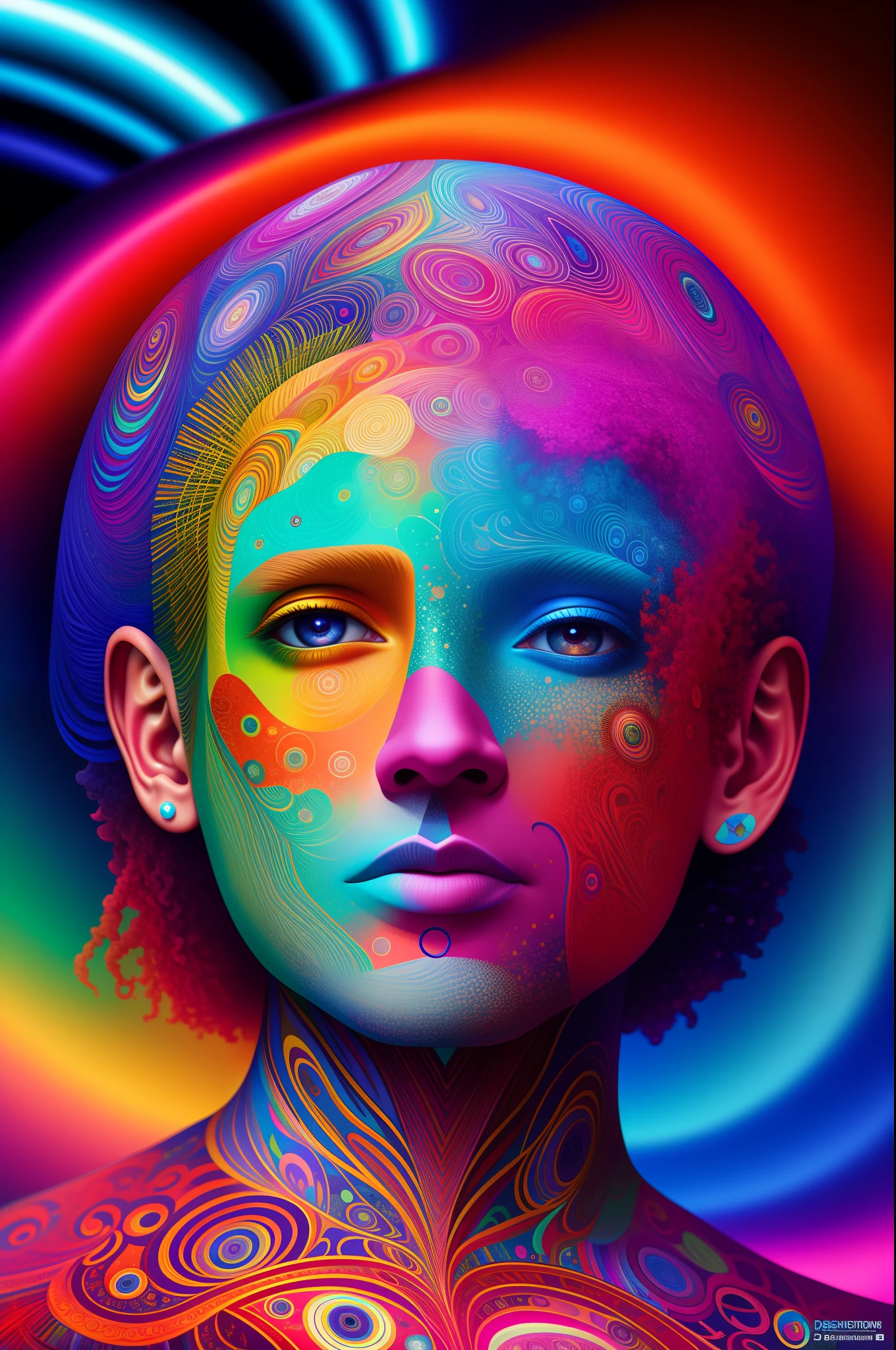 A woman with a colorful face and body painted in rainbow colors - SeaArt AI