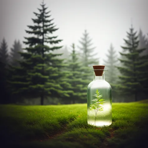 A glass bottle，There are micro-groves inside , Realistic house land，Trees and grass, Soft light warm gray background, (Fog in the forest:0.2), Slate atmosphere, Cinematic, darkened with color, dark shot, pastel colour, Fairytale picture