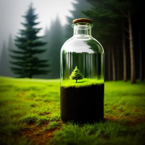A glass bottle，There are micro-groves inside , Realistic house land，Trees and grass, Soft light warm gray background, (Fog in the forest:0.2), Slate atmosphere, Cinematic, darkened with color, dark shot, pastel colour, Fairytale picture