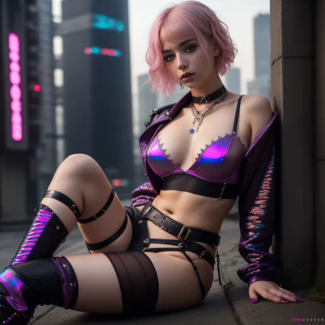1 girl, 20 yo european woman, high quality, highly detailed, photorealistic, full length, reclining, sexy, erotic pose, iridescent pink clothes, small breasts, short dark multicolor hair, dark make up, high contrast, sharp detail, shadows, outside, cyberpu...