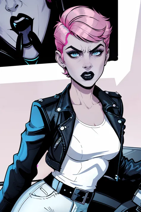 closeup face of a woman, day time, street, pale blue eyes, detailed short pink hair Short Side Comb haircut, angry expression, black lipstick, small tits, wearing a leather jacket, white shirt, leather pants, comic book style, flat shaded, prominent comic ...