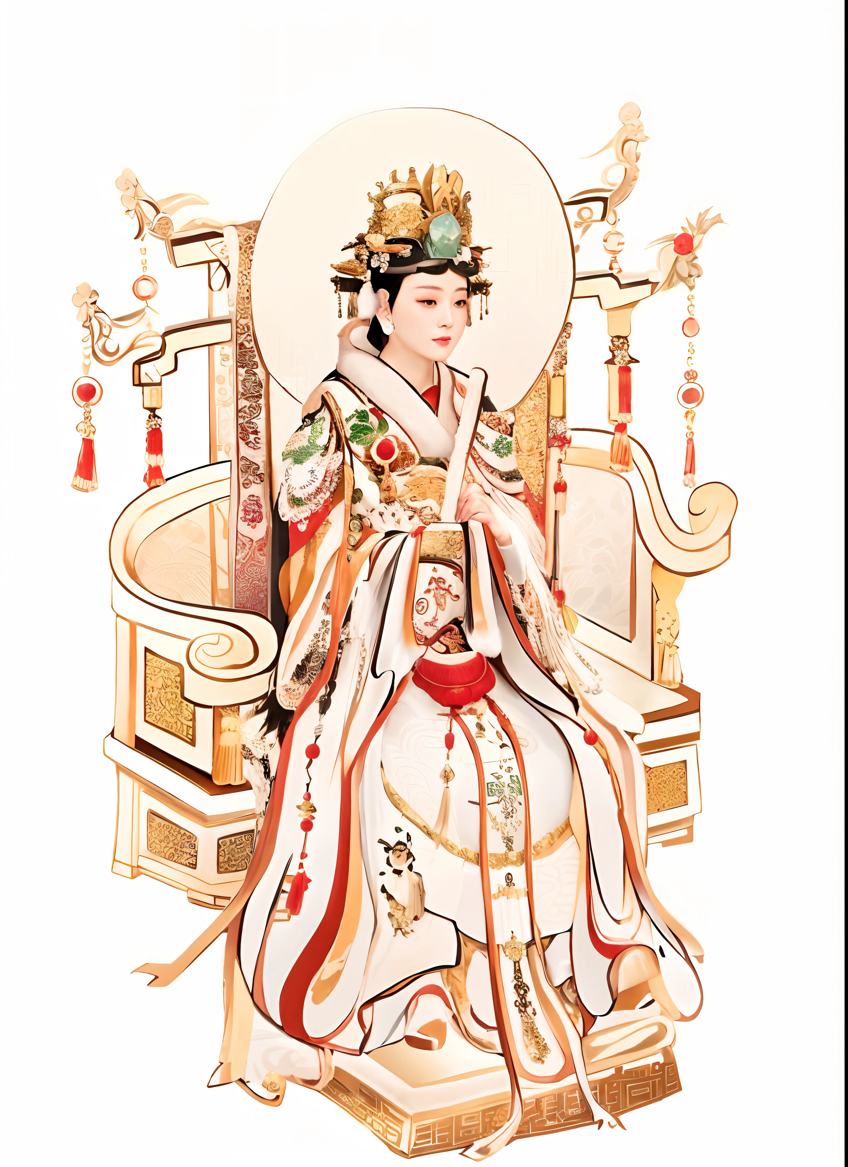 Queen Mother of the West, queen mother，Queen Mother of the West， Middle-aged woman，big breasts beautiful，Gorgeous and colorful costumes，Golden ornaments on the head，Not far away, Chinese palaces scattered in a sea of clouds， Cloud in the foreground, Clear fingers, Clear and distinctive toes, Clear and vivid facial features,jewelry, leafs, the lilies, Lily_pads, necklace, Phoenix crown，Gorgeous phoenix robe，Chinese palaces, paths, lotuses， Sharp focus, sun's rays, Sparkling ripples, Wind ripples, hyper-high detail, Realphotos, Intricate details, Perfectcomposition, beautiful detailed intricate, 8 K photography, Photorealistic, Masterpiece, photo-realistic, Image Enhancement,Image post-processing,Image retouching，an ancient Chinese goddess, Princesa chinesa antiga, ancient china art style, ancient chinese beauti, chinese empress, Inspired by Qiu Ying, Traditional Chinese art, a beautiful fantasy empress, guanyin of the southern seas, Inspired by Lan Ying, Chinese traditional, Wearing ancient Chinese clothes, Chinese mythology, Traditional Chinese clothing，