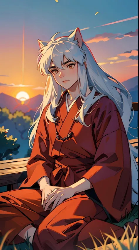 （of a guy），inuyasha，（（The upper part of the body，head turned to the side）），The background is the village，Sunset，Sit on grass