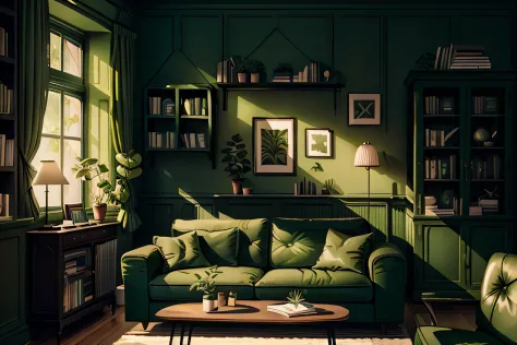 a living room with a green couch and a green plant on the wall and a book shelf with books, dark night,