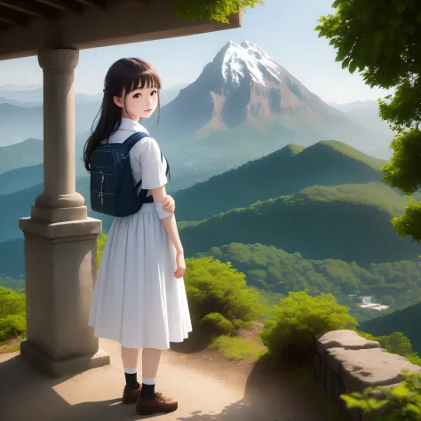 A fresh and lovely person、18-year-old pure and cute schoolgirl beauty，Wearing a short white dress，Standing quietly on the mountain，scenic view
