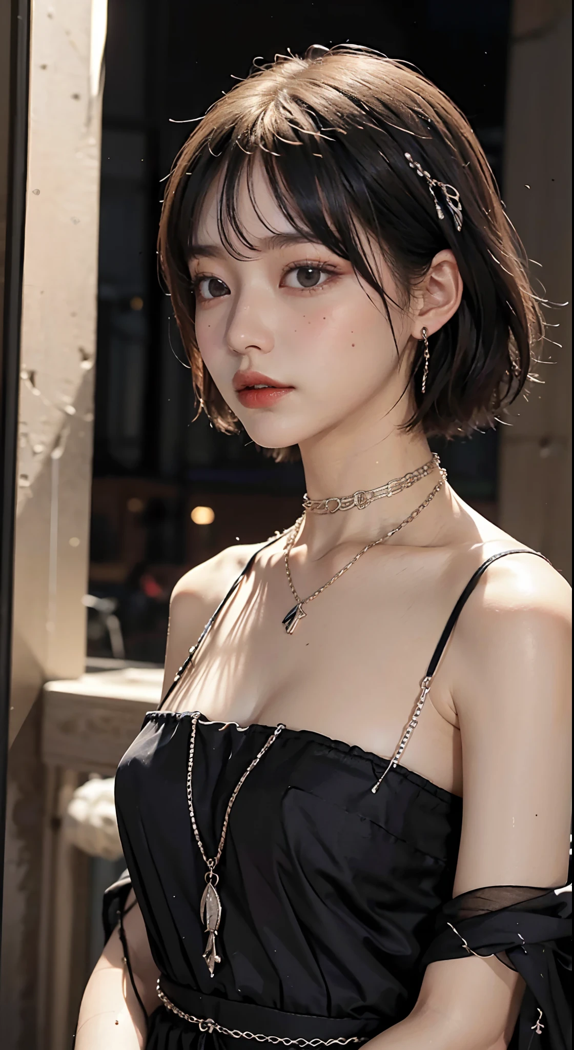 (natta)、((top-quality、​masterpiece:1.3))、sharp:1.2、Perfect Body Beauty:1.4、((Layered hairstyle))、(natta:1.5)、(Black Dress:1.1)、(Luxurious room:1.2)、(chains:1.2)、Highly detailed facial and skin texture、Detailed eye、double eyelid、((short-length hair))、boyish、Cool、((unisex))、big eye、Necklaces、bangss、((One Woman))、Black eyes、A bracelet、a choker、Ring、Chain Accessories、colour々From an angle、