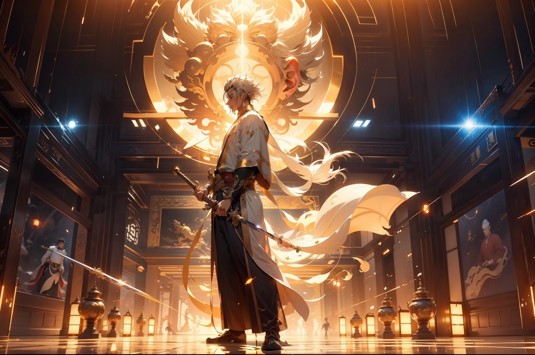 Handsome Taoist priest，（levitating），（the space），（He stood in front of the huge transparent golden light old Taoist。。：1.4），（cleanness：1.4），golden colored，The background is the sky of an ancient Chinese city。 Infinite Sword System，Tyndall effect，Glow effects，Anime art style，Romantic graffiti，Meticulous，Realism is popular， New Fauvist style，Knolling，8K，tmasterpiece，super-fine，best qualtiy，8K resolution，tmasterpiece，Works of masters，Detailed pubic hair，Accurate，Epic shooting