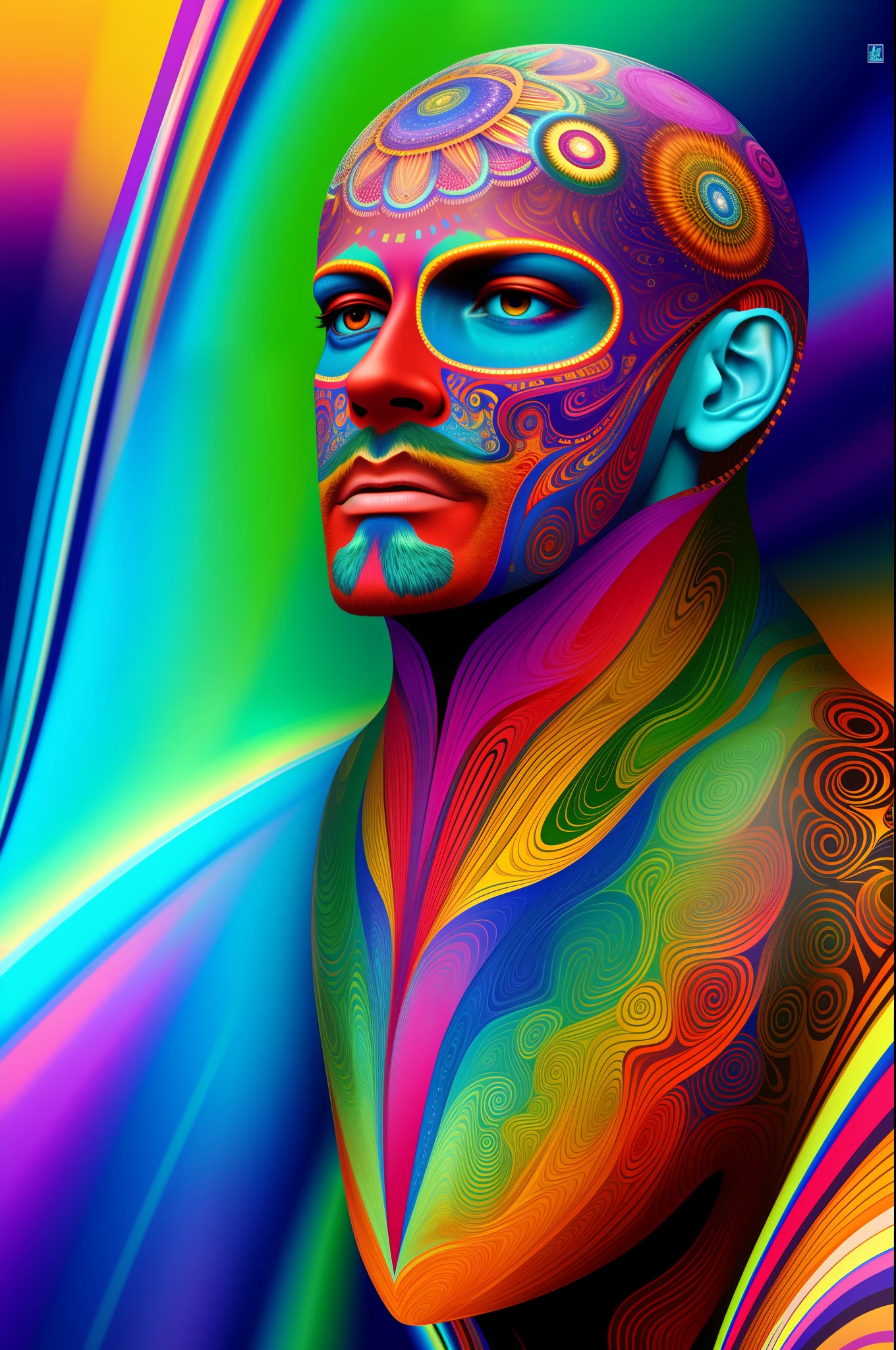 A man with a colorful face and body painted in rainbow colors - SeaArt AI