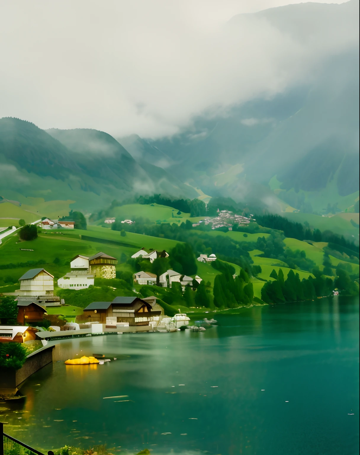 Swiss landscape, (Masterpiece), (Portrait), (RAW photo), (Extremely detailed Cg Unity 8K wallpaper) Intricate, Sharp focus, Dramatic, photorealistic  art