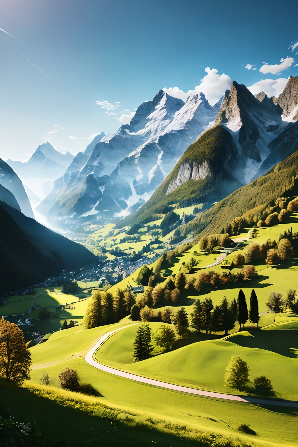 Swiss landscape, (Masterpiece), (Portrait), (RAW photo), (Extremely detailed Cg Unity 8K wallpaper) Intricate, Sharp focus, Dramatic, photorealistic  art