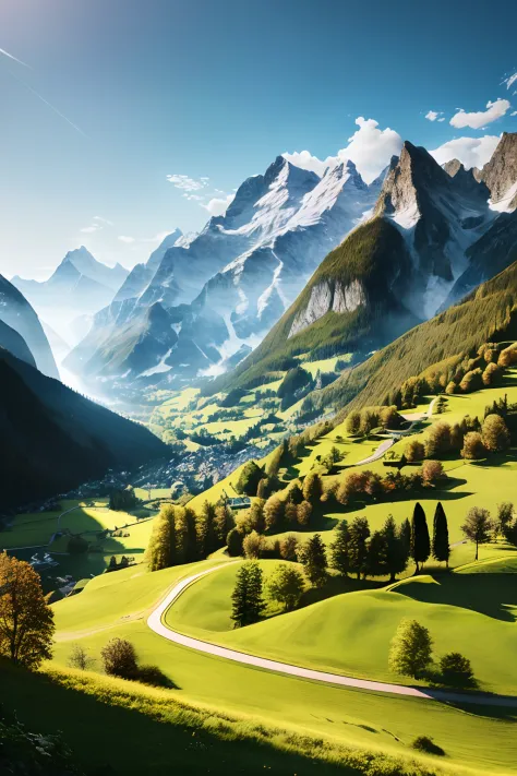 swiss landscape, (masterpiece), (portrait), (raw photo), (extremely detailed cg unity 8k wallpaper) intricate, sharp focus, dram...