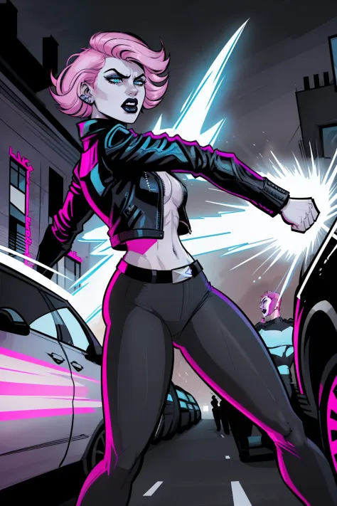 woman, punching the veiwer, day time, street, pale blue eyes, detailed short pink hair Short Side Comb haircut, angry expression, black lipstick, small tits, wearing a leather jacket, black shirt, black pants, comic book style, flat shaded, prominent comic...