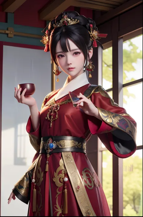 anime girl in a red and black outfit holding a glass ball, palace ， a girl in hanfu, artwork in the style of guweiz, extremely d...