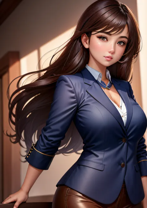 A girl wearing a navy blue shirt, beautiful sharp face, sexy business jacket, long brown hair, short-sighted, brown eyes, straig...