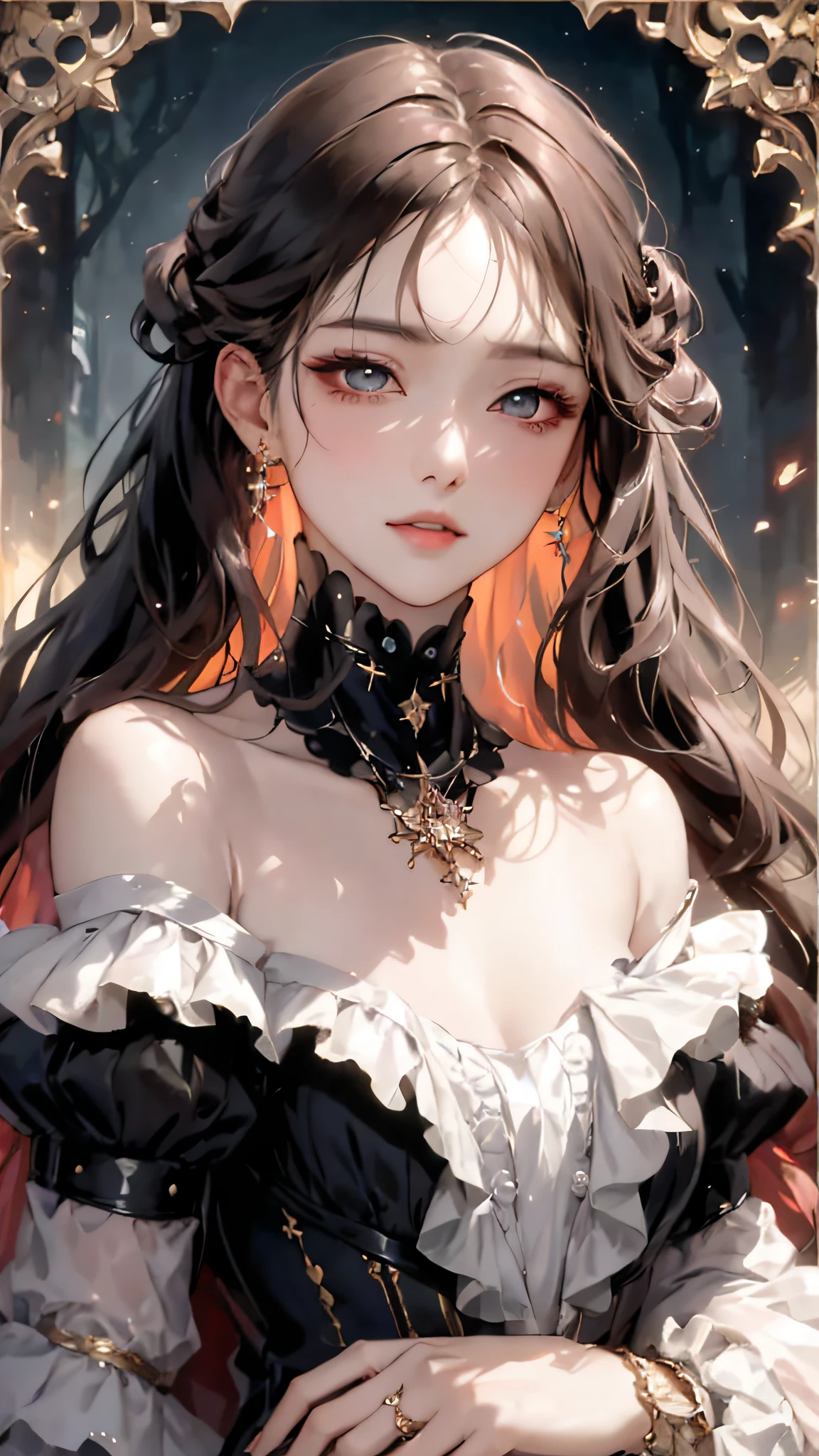 （tmasterpiece，best qualtiy，Ultra-high resolution），Close-up of a woman wearing a necklace in a dress, and its detailed eye details, beautiful and seductive anime woman, Guviz-style artwork, Stunning facial details, gothic maiden, with long coiled hair，Black starlight skirt