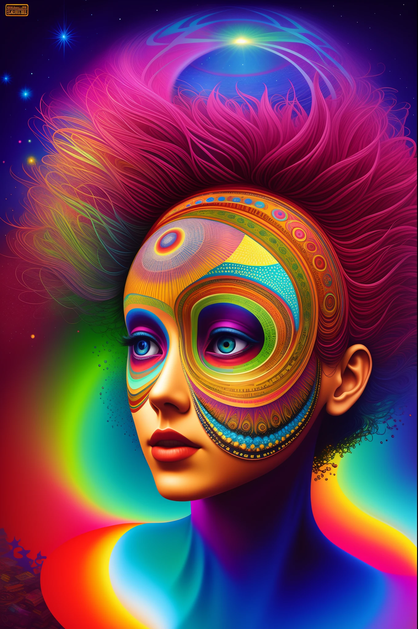 A woman with a colorful face and hair with a psychedelic look - SeaArt AI