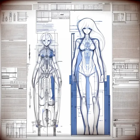 blueprint of a lineart woman, multiple perspectives, schematics, labels, full body, lineart, sharp lines, crisp