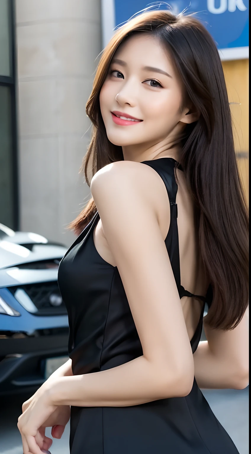 ((Best Quality, 8k, Masterpiece:1.3)), Focus: 1.2, Perfect Body Beauty: 1.4, Buttocks: 1.2, ((Delicate Long Hair)), (JK Clothing Black Silk: 1.1) , (Sports car, street: 1.3), Highly detailed face and skin texture, Delicate eyes, Double eyelids, Whitened skin, Smile, Wearing necklace, ring, person next to sports car,