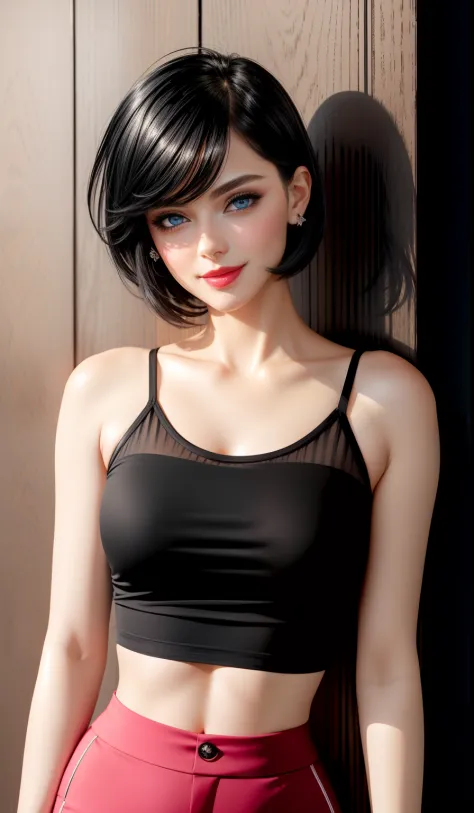 Sexy and cute woman, short black hair, bob style, plump face, seductive blue eyes, medium nose, deep pink blush, glossy red lips...