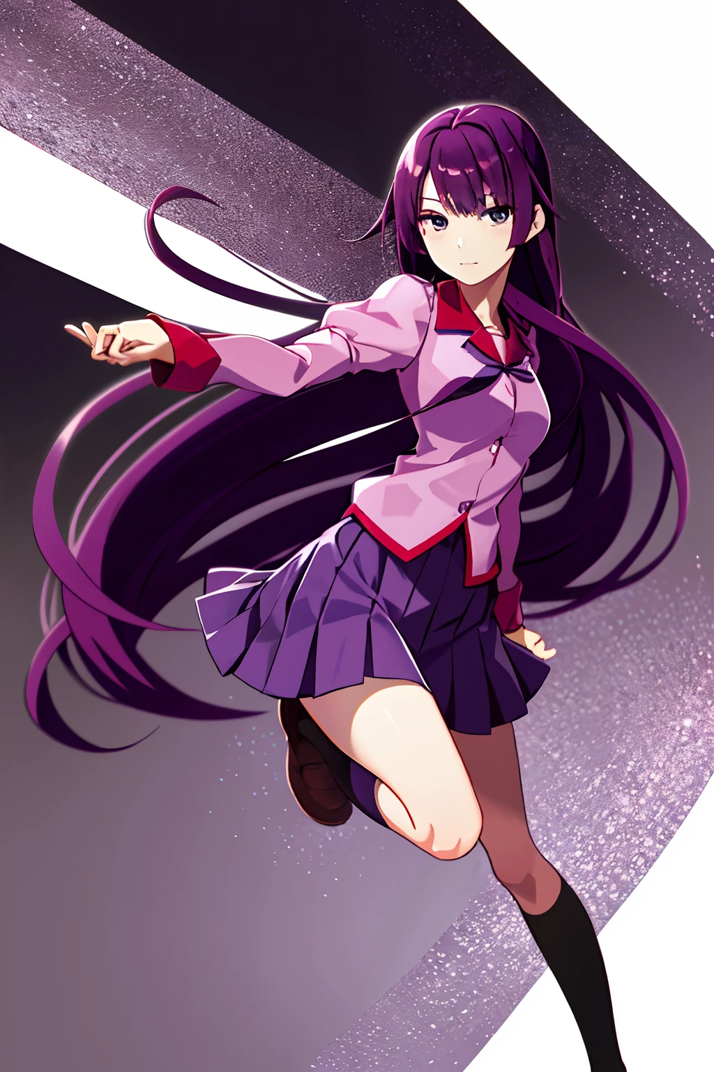 1girll,，Emoji seduction，senjougahara hitagi, Solo, upper legs, Skirt, Long hair, Naoezu High School uniform, Blue eyes, Juliet sleeves, school uniform, Purple hair, shirt, zettai ryouiki, Medium breasts, Very long hair, Purple skirt, Miniskirt,Full body photo