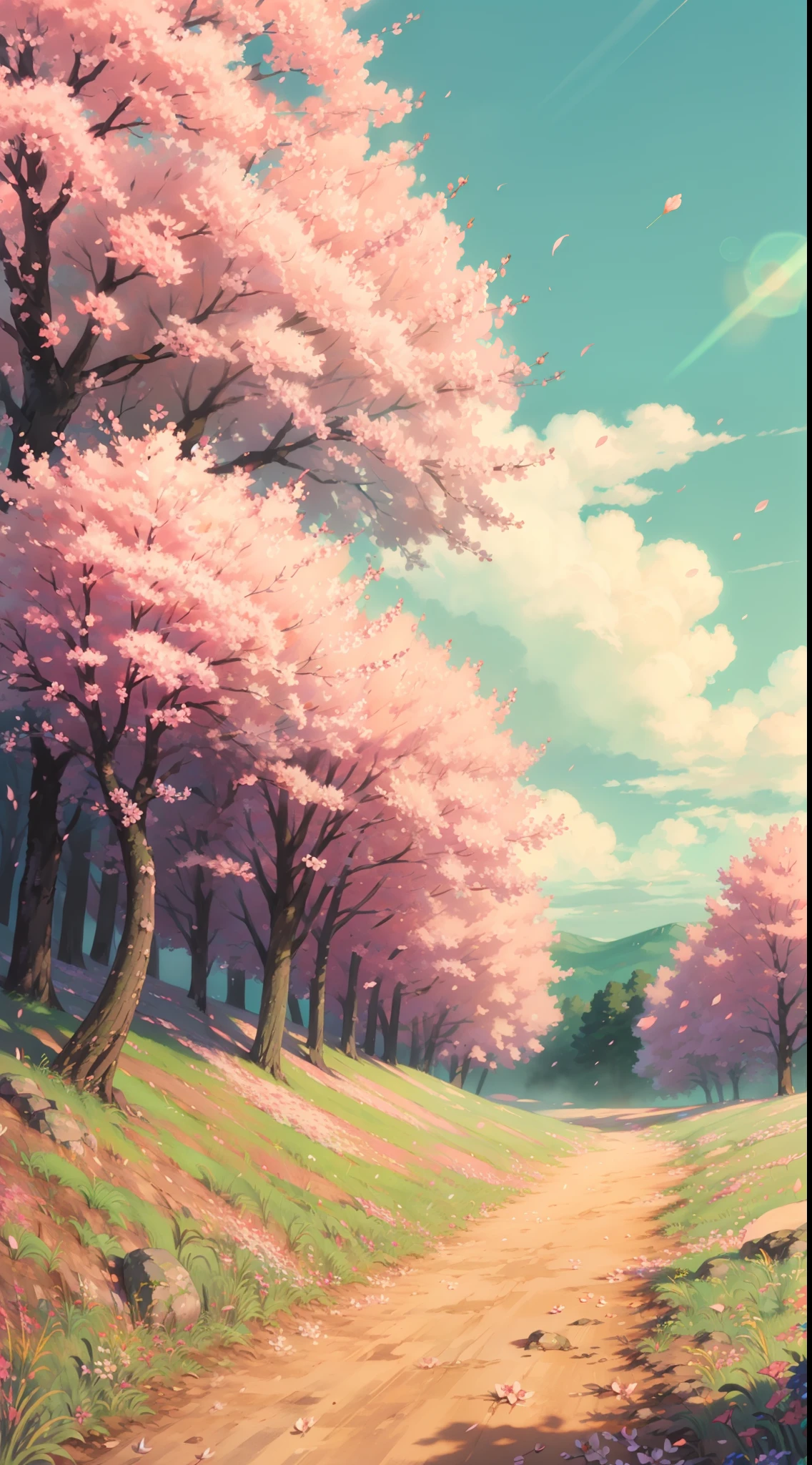 Lots of pink trees, large skies, white clouds , petals , blossoms, aesthetic serene bliss, diffused light, god rays, chromatic aberration, caustics