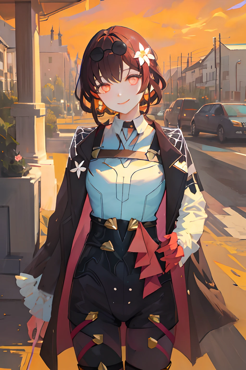 masterpiece, best quality, ultra-detailed, illustration, detailed orange eyes, 1girl, short black hair, Flower sea full of spring atmosphere, beautiful sky，(masterpiece, best quality:1.2),  smile, looking at viewer, sunglasses, eyewear on head, jacket,