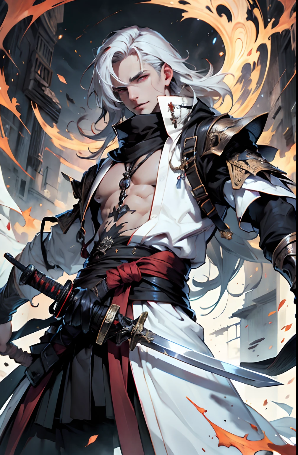 (absurdres, highres, ultra detailed), masterpiece, best quality, solo, a boy with white long hair holding a dual-swords, red and white robe, handsome, finely eye, detailed eye, vibrant red eyes, detailed face, black scarf, bare chest, carry two swords, dual-swords, a swords surround by flame, tattoo, from below, look down, ruined city, dark background, swirl, spark