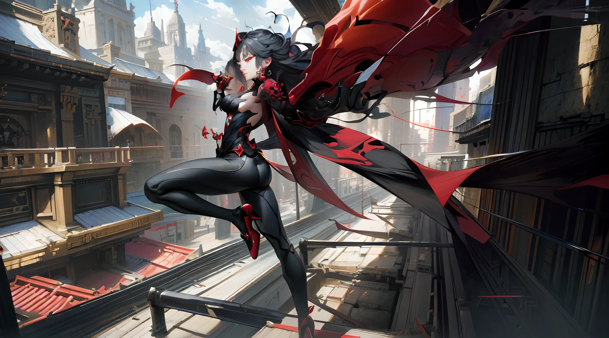 Anime - Stylistic image of a woman dressed in black and red on a ledge, krenz cushart and artgerm, Style Artgerm, Artgerm style, in the style artgerm, persona 5 art style wlop, Range Murata and Artgerm, art-style, Extremely detailed Artgerm, artgerm comic