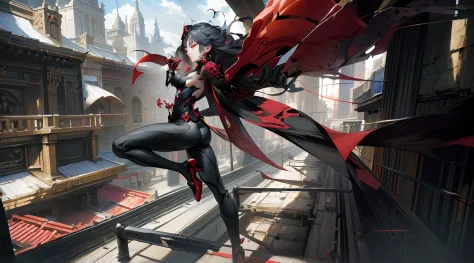 Anime - Stylistic image of a woman dressed in black and red on a ledge, krenz cushart and artgerm, Style Artgerm, Artgerm style,...