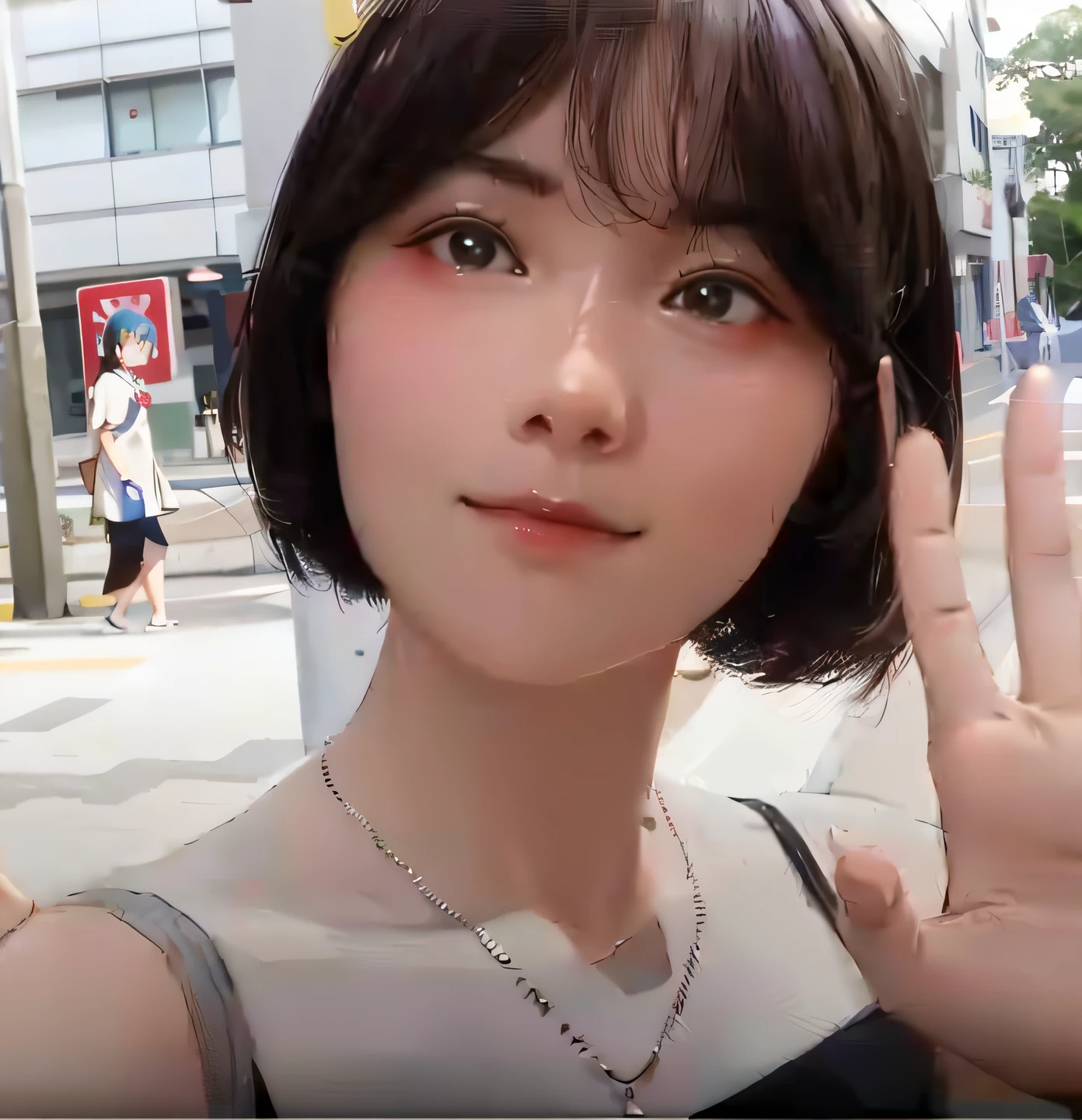 japanaese girl，ssmile，waving hands，short detailed hair，There are necklaces，Street photography