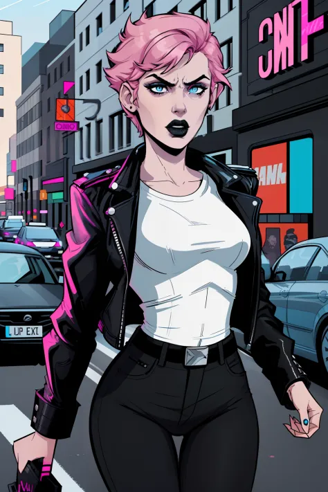 woman, getting arrested, day time, street, pale blue eyes, detailed short pink hair Short Side Comb haircut, angry expression, black lipstick, small tits, wearing a leather jacket, black pants, shirt, white shirt, comic book style, flat shaded, prominent c...