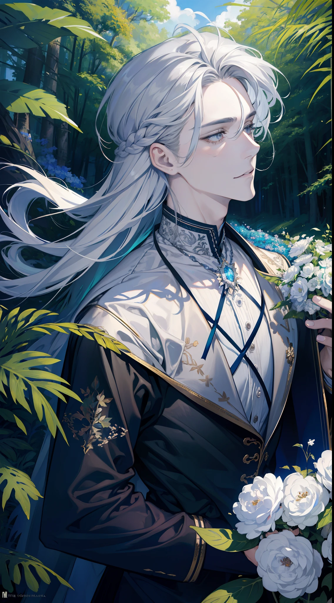 (absurdres, highres, ultra detailed), 1 male, adult, handsome, tall muscular guy, broad shoulders, finely detailed eyes, very long hair, grey hair, wavy hair, flowers, diamond, jewelry, garden, forest, portrait, (dutch angle), closed mouth, water around him, daytime theme