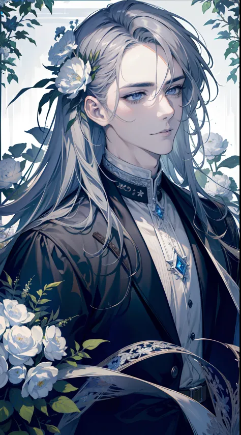 (absurdres, highres, ultra detailed), 1 male, adult, handsome, tall muscular guy, broad shoulders, finely detailed eyes, very long hair, grey hair, wavy hair, flowers, diamond, jewelry, garden, forest, portrait, (dutch angle), closed mouth, water around hi...