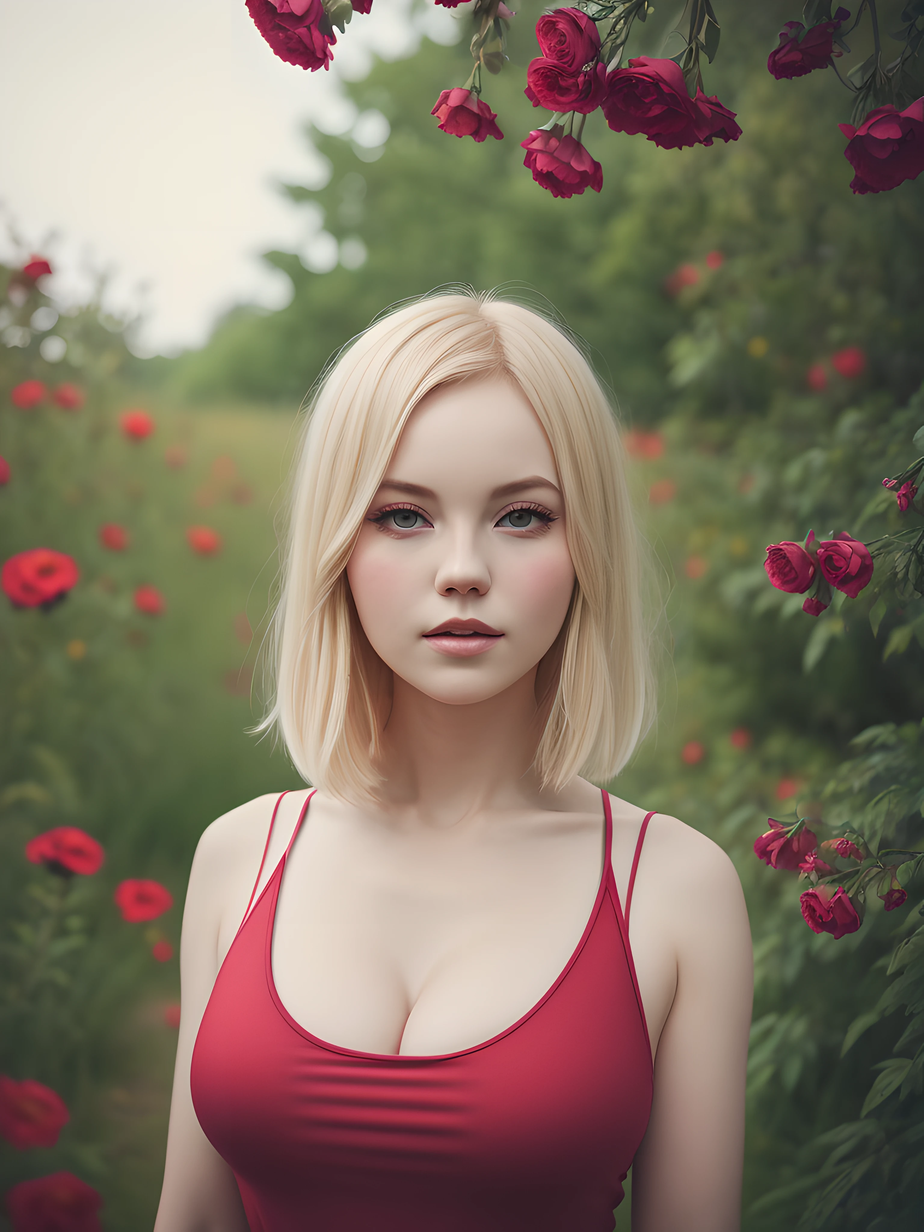 von oprisco, Meisterwerk, Porträt, Blonde Frau, rotes Tanktop, große Brüste, Über die Natur, Blumen, dunkle Vignettierung, 4k, hohe Qualität,