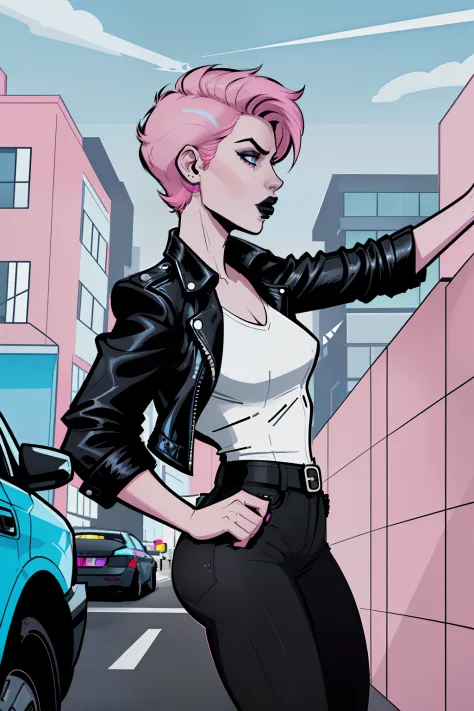 side view of a woman, getting arrested, day time, street, pale blue eyes, detailed short pink hair Short Side Comb haircut, angry expression, black lipstick, small tits, wearing a leather jacket, black pants, shirt, white shirt, comic book style, flat shad...