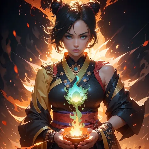 a young female mage, anime big breast, Black hair, black kimono，Green and flame, full bodyesbian, In the hands Place a strong and vivid red flame，It seems to burn with uncontrollable magic。 3D model, Renders, Magical background, Blander, Unreal Engine 5, C...