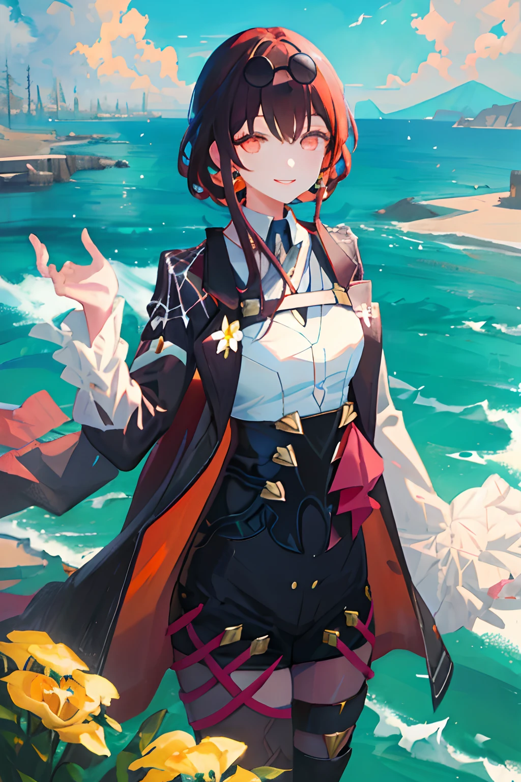 masterpiece, best quality, ultra-detailed, illustration, detailed orange eyes, 1girl, short black hair, Flower sea full of spring atmosphere, beautiful sky，(masterpiece, best quality:1.2),  smile, looking at viewer, sunglasses, eyewear on head, jacket,