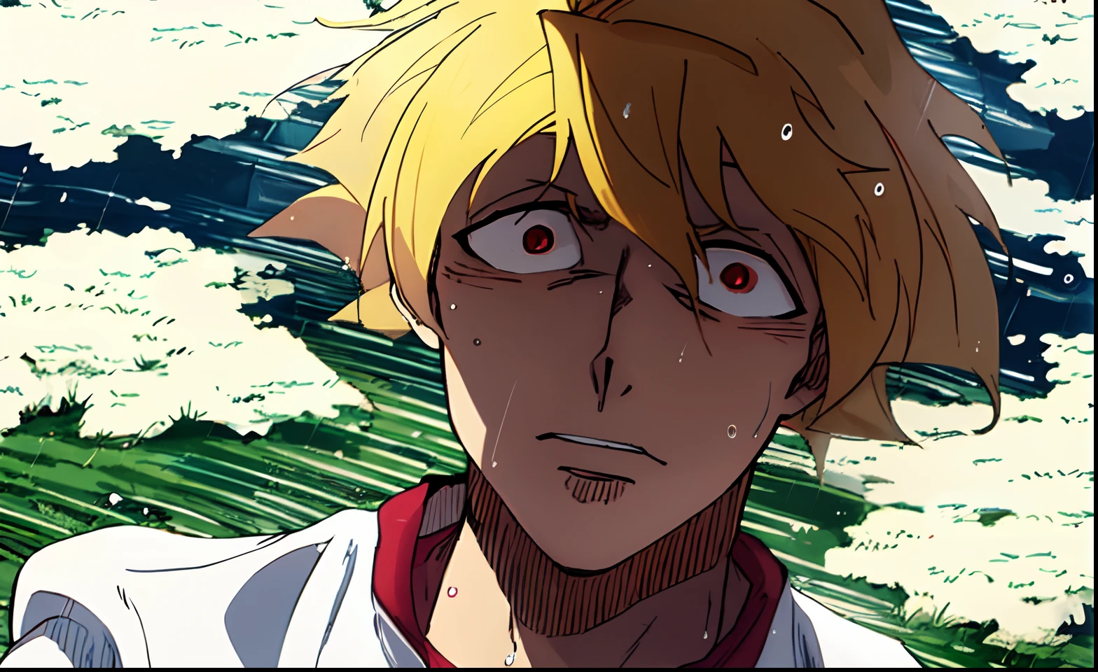 ein Anime von einem Mann mit blonden Haaren, schockiert, rote Augen, weißes Hemd, Fokus, Tagtraum, Schweiß, Schweißdrop, Regen, Jacke, Text-Manga, Farbmanga, Manga-Farbe, Farbmanga, Farbmanga panel, Einfacher Hintergrund, Gras Hintergrund