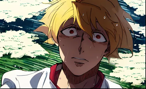 a anime of a man with blonde hair, shocked, red eyes, white shirt, focus, daydream, sweat, sweatdrop, rain, jacket, text manga, ...