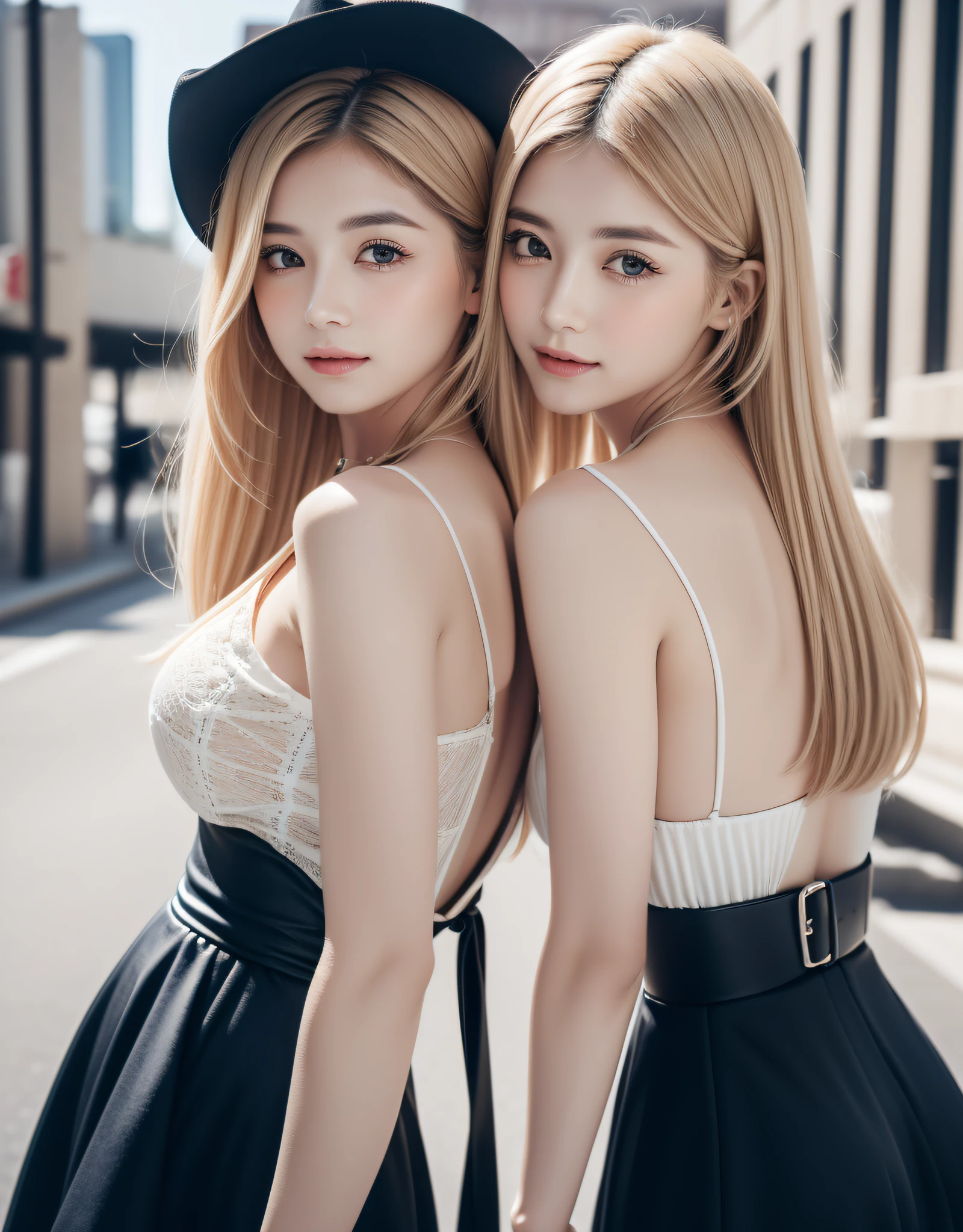 best quality, white skin, real human skin, (detailed face), oval face, pores, ultra high res, (8k, RAW photo, photorealistic:1.4), BREAK, twins, two girls, cheek to cheek, slim, (large-breast:1.37, cleavage), (looking straight at viewer with a serene and goddess-like happiness:1.2, light smile:1.15, happy, :1.15, stylish model posing:1.3, standing:1.37, arms behind back:1.37), (lifter gloss, eyelashes, gloss-face, best quality, ultra highres, Broad lighting, natural shading), lovely look, shiny-blonde twin-tails hair:1.37, (detailed black gothic dress:1.3, gothic Lolita fashion:1.37, lace, frill), cityscape, fashion street venue, burry background, bokeh, depth of field, (cowboy shot:1.3), centered image, perfect anatomy, perfect proportion,