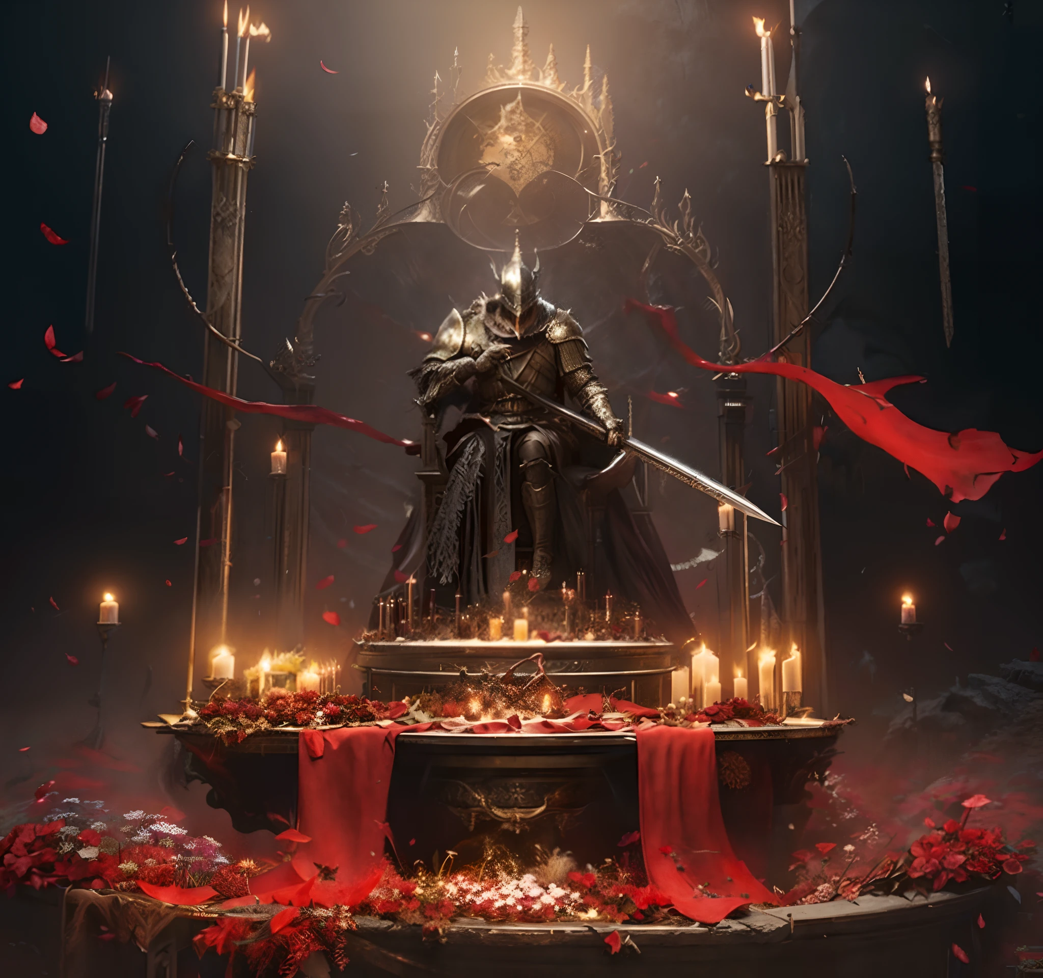 Um cavaleiro das trevas sentado em um trono cercado por velas, o melhor da estação de arte, Vencedor do concurso Artstation, arte conceitual de almas sombrias, arte das almas sombrias, por Yang J, Arte conceitual de Darksouls, arte conceitual de almas sombrias, Guilherme H.. bola de pong, arte das almas sombrias style, senhor do inferno no trono, conceito de alma escura, Arte conceitual digital de Diablo