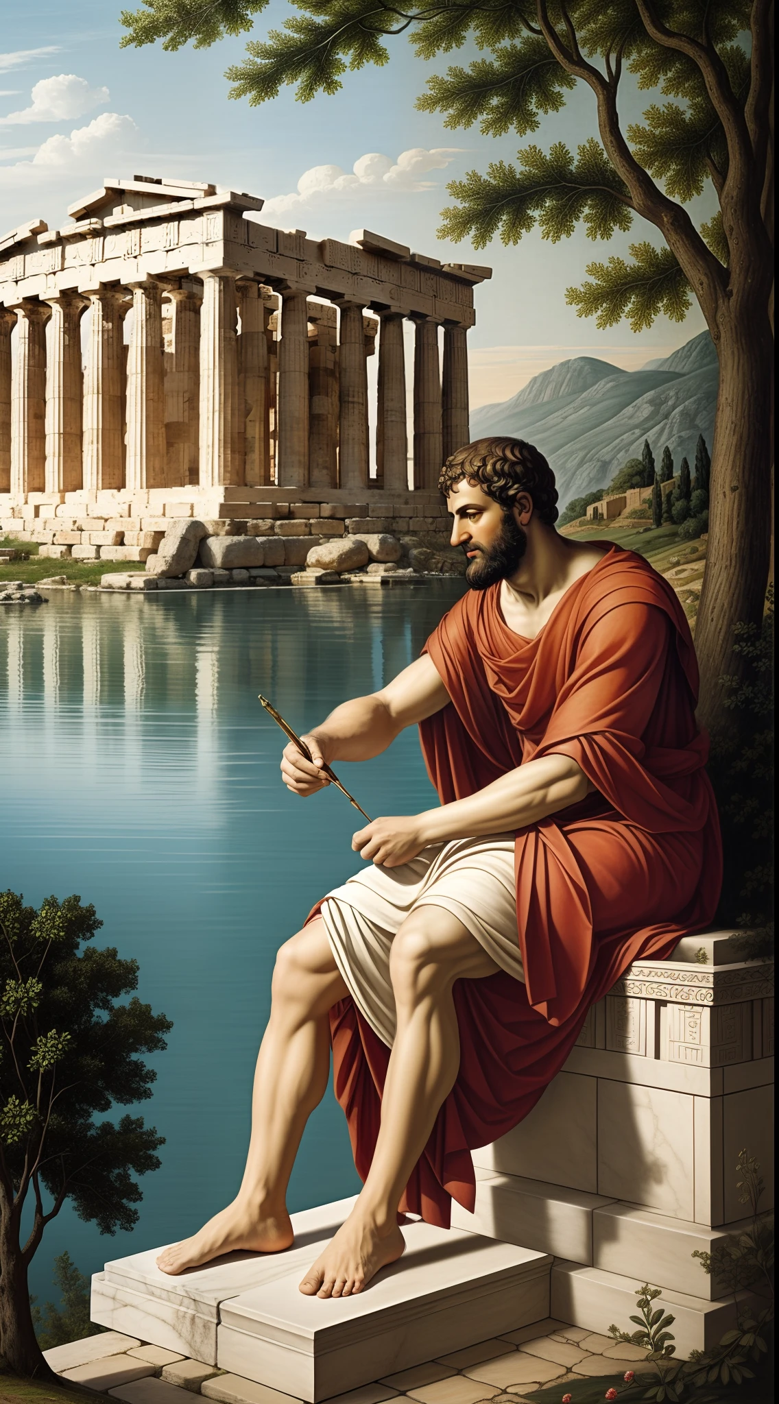 Aristotle, engrossed in writing, stands upon the steps of the Parthenon in Greece, Capture the essence of intellectual pursuit and contemplation. Create an image that brings to life the tranquil setting of the ancient Greek landscape, with a focus on the profound thinking of Aristotle. Use rich details and vibrant colors to depict the idyllic scene, where wisdom meets nature. Let the viewer feel the intellectual curiosity and scholarly ambiance as Aristotle immerses himself in the world of knowledge by the lakeside in ancient Greece.