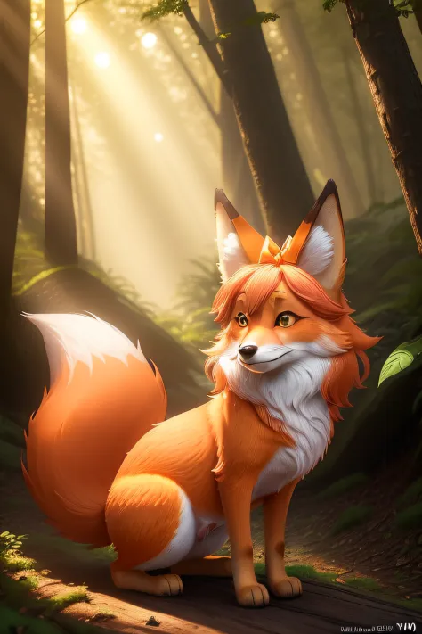 An enchanting Pixar 3D render of Lila, the lively fox, with her soft orange fur illuminated by the warm glow of the sun. She wears a playful green leaf skirt and a charmingly mismatched bow on her head. The scene is set in a whimsical forest clearing, with...