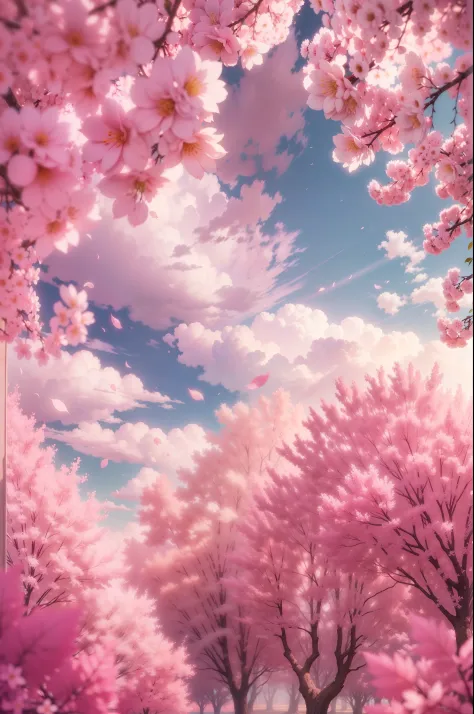 lots of pink trees, large skies, white clouds , petals , blossoms, aesthetic serene bliss, diffused light, god rays, chromatic a...