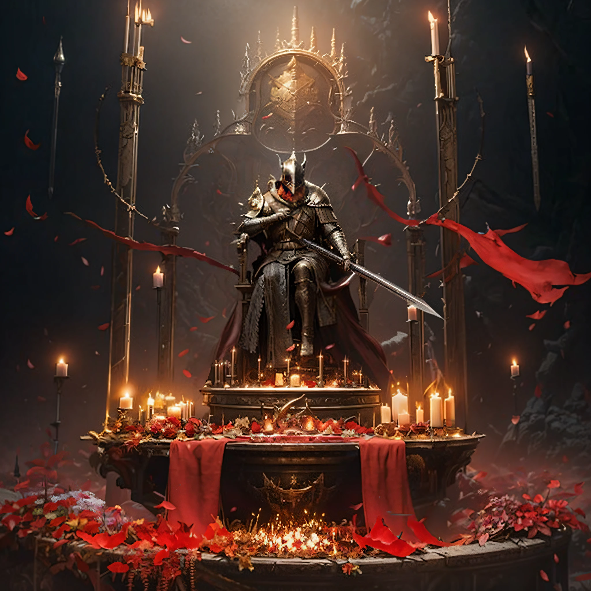 O Cavaleiro das Trevas senta-se em um trono cercado por velas, o melhor da estação de arte, Vencedor do concurso Artstation, arte conceitual de almas sombrias, arte das almas sombrias, por Yang J, Arte conceitual de Darksouls, arte conceitual de almas sombrias, Guilherme H.. bola de pong, arte das almas sombrias style, senhor do inferno no trono, conceito de alma escura, Arte conceitual digital de Diablo