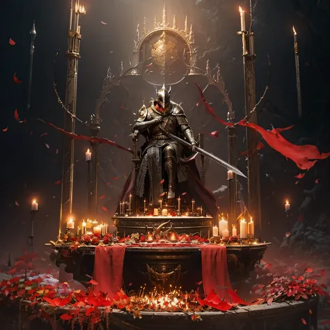 The Dark Knight sits on a throne surrounded by candles, best of artstation, Artstation contest winner, dark souls concept art, d...