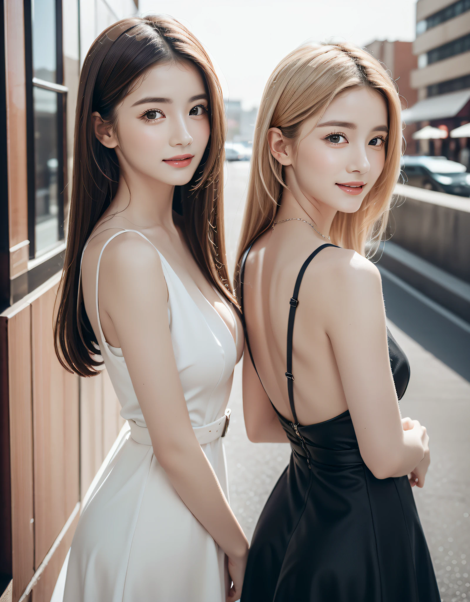 best quality, white skin, real human skin, (detailed face), oval face, pores, ultra high res, (8k, RAW photo, photorealistic:1.4), BREAK, twins, two girls, cheek to cheek, slim, (large-breast:1.37, cleavage), (looking straight at viewer with a serene and goddess-like happiness:1.2, light smile:1.15, happy, :1.15, stylish model posing:1.3, standing:1.37, arms behind back:1.37), (lifter gloss, eyelashes, gloss-face, best quality, ultra highres, Broad lighting, natural shading), lovely look, shiny-blonde twin-tails hair:1.37, (detailed black gothic dress:1.3, gothic Lolita fashion:1.37, lace, frill), cityscape, fashion street venue, burry background, bokeh, depth of field, (cowboy shot:1.3), centered image, perfect anatomy, perfect proportion,