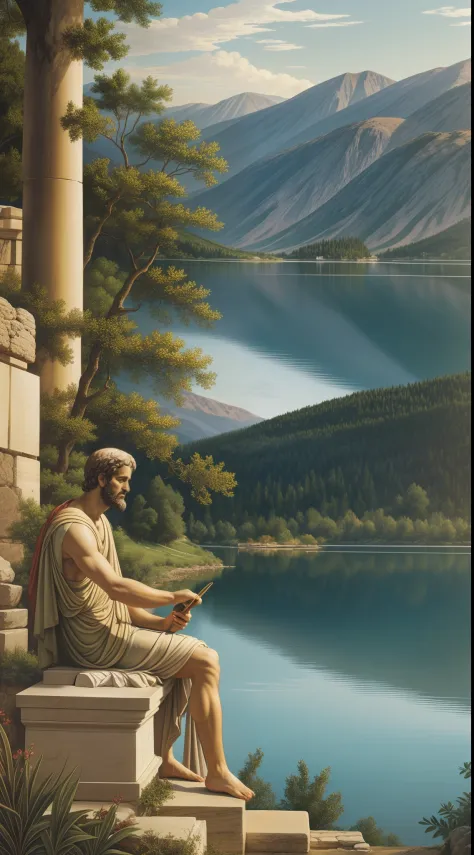 aristotle engrossed in thinking beside a serene lake in ancient greece. capture the essence of intellectual pursuit and contempl...