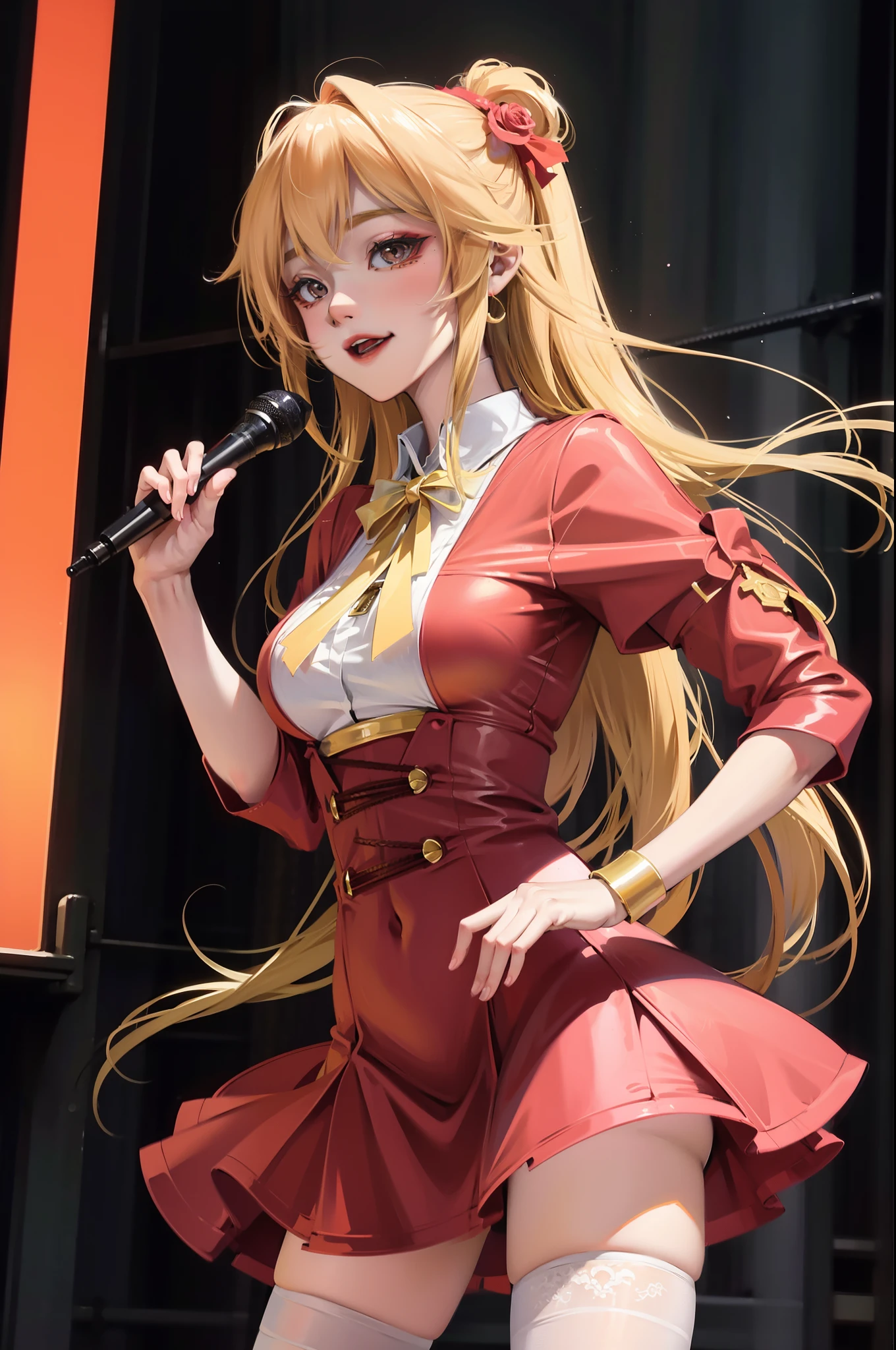 Arme nach hinten，Anime-Mädchen im roten Kleid singt vor dem Publikum ins Mikrofon, extrem detailliertes Artgerm, Kushatt Krenz Key Art Women, Künstlerischer Keimstil, Style Artgerm, Kunst Stil, IG-Modell | Art germ, Art germ on ArtStation Pixiv, Art germ. Hohe Detailliertheit, Art germ. Anime-Illustration