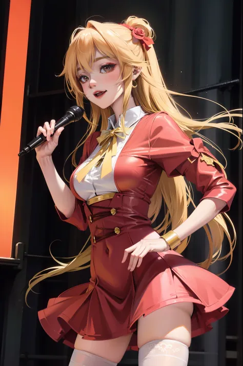 arms back behind，anime girl in red dress singing into microphone in front of the audience, extremely detailed artgerm, kushatt k...